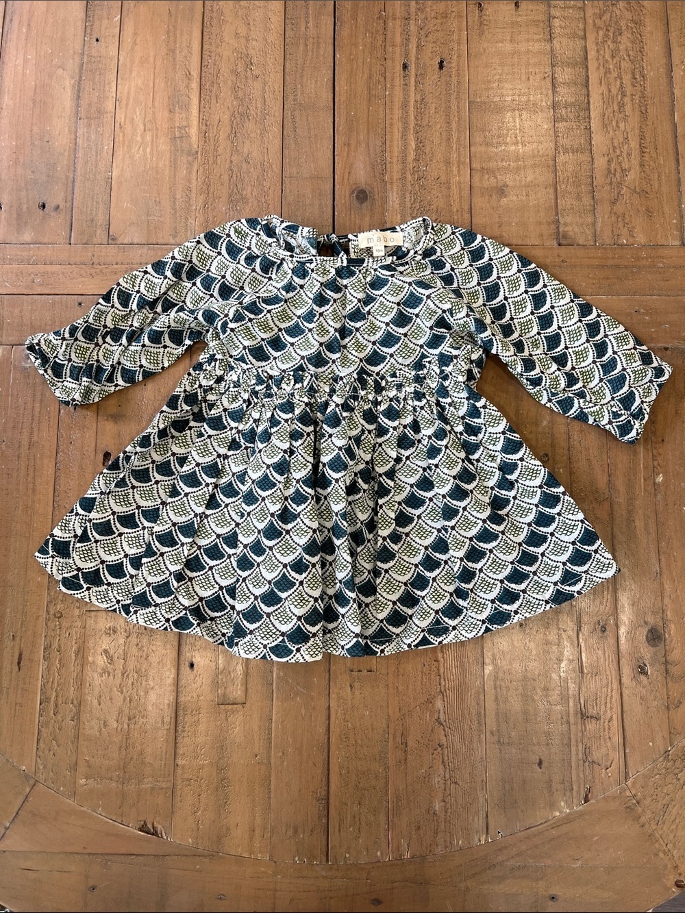 Mabo Organic blue and green geometric fan print tie back dress 18 months